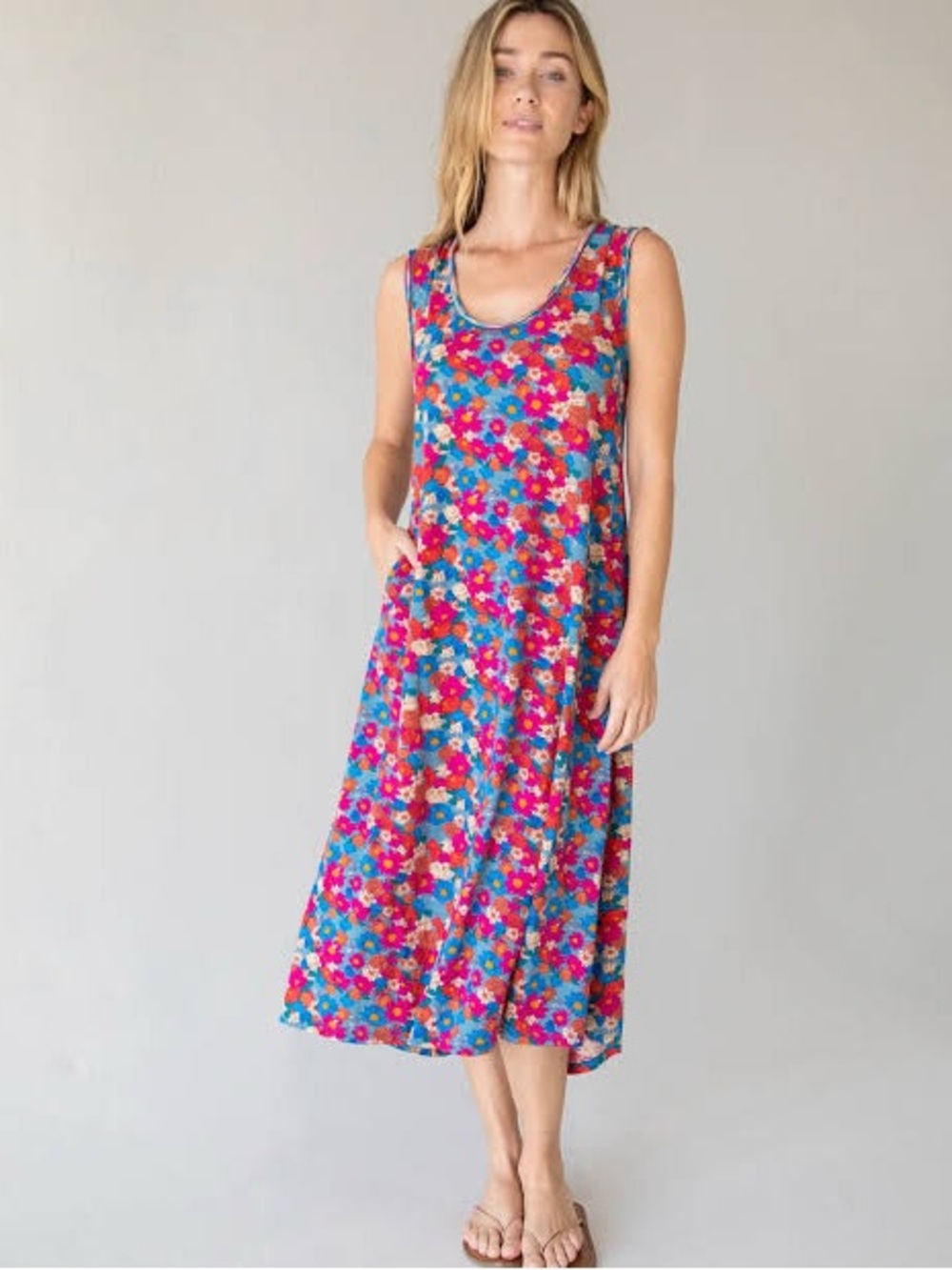 XL Natural Life The Hangout Cotton Midi Dress Floral Scoop Neck Sleeveless